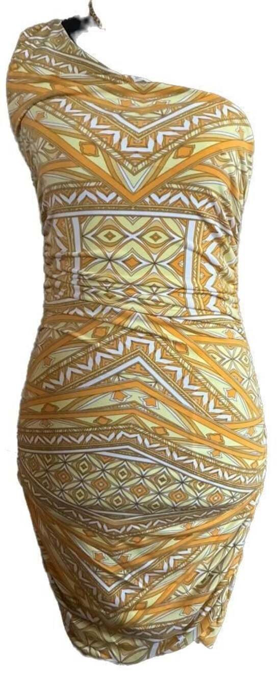 Olivaceous Geometric Print One Shoulder Ruched Bodycon Dress size medium